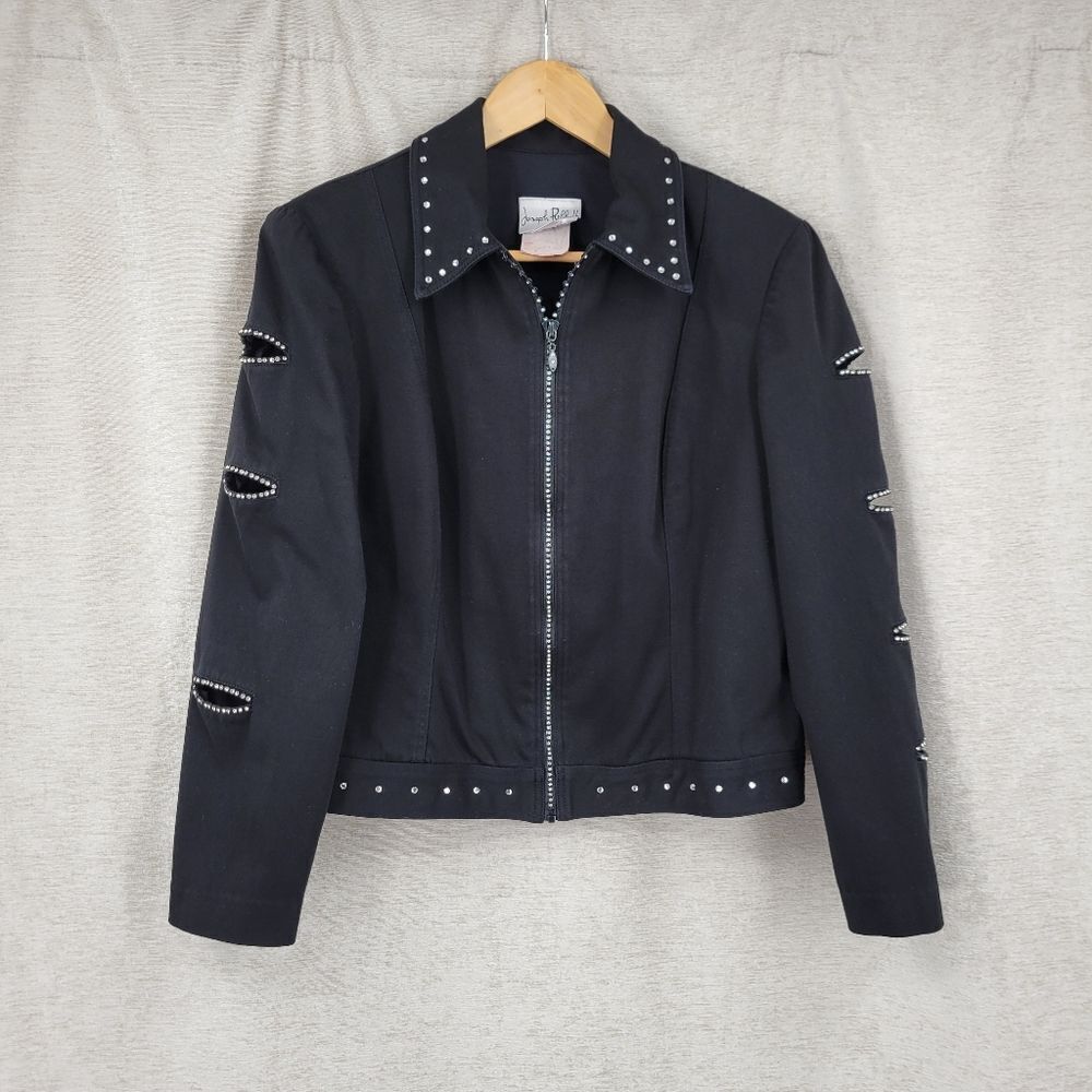 Joseph Ribkoff Y2K Black Rhinestone Studded Jacket with Cut Out Sleeves Slits